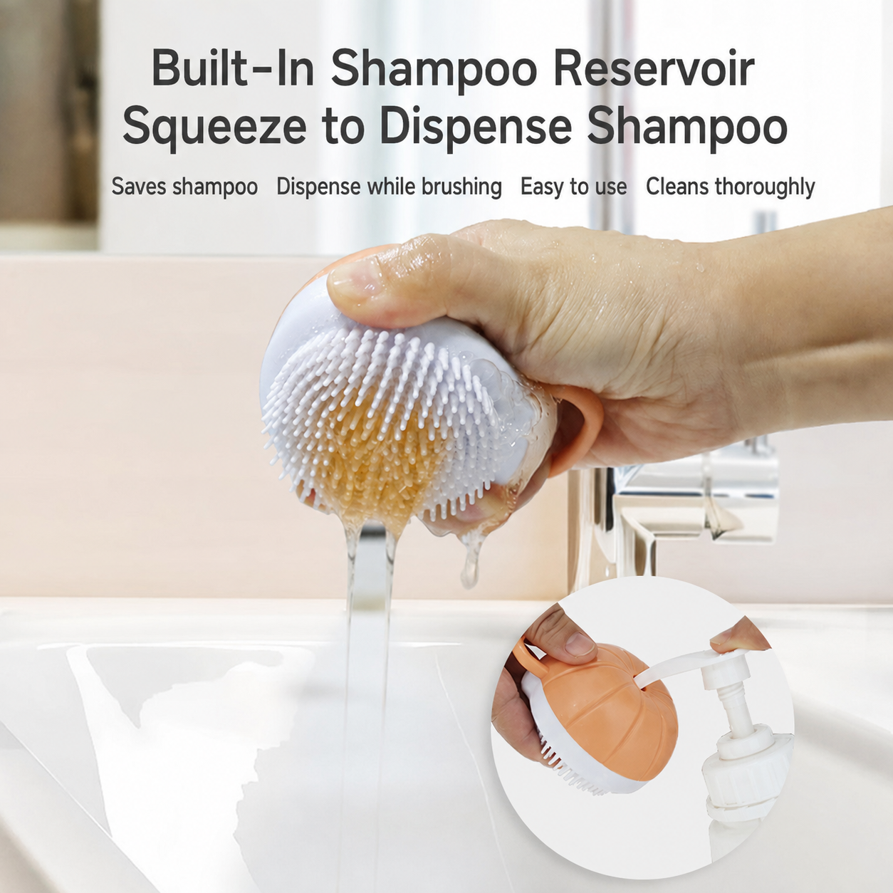 Pet shampoo dispensing bath brush being squeezed to dispense shampoo while brushing