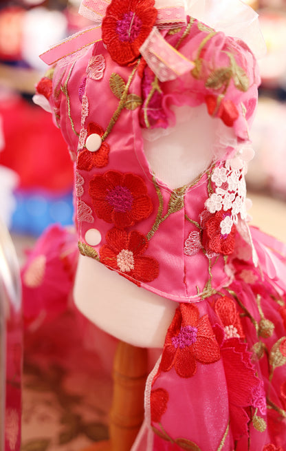 Handmade 3D Floral Embroidered Pet Gown – Hot-Pink Princess Train Dress