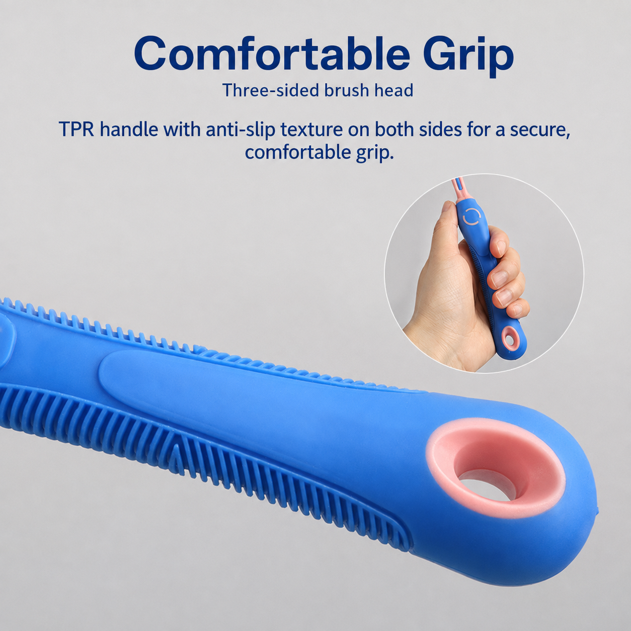 Blue three-sided pet toothbrush handle showing TPR grip texture