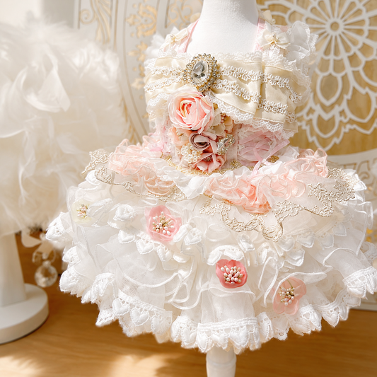 Luxury floral couture princess dog dress with handcrafted roses, crystal brooch and layered lace ruffles