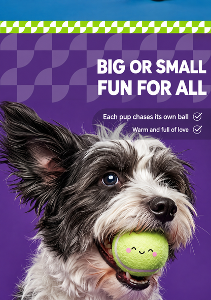 Small dog holding a light green smiley tennis ball