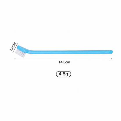 Blue mini pet toothbrush with 14.5 cm length, 1.2 cm brush head, and 4.5 g weight shown