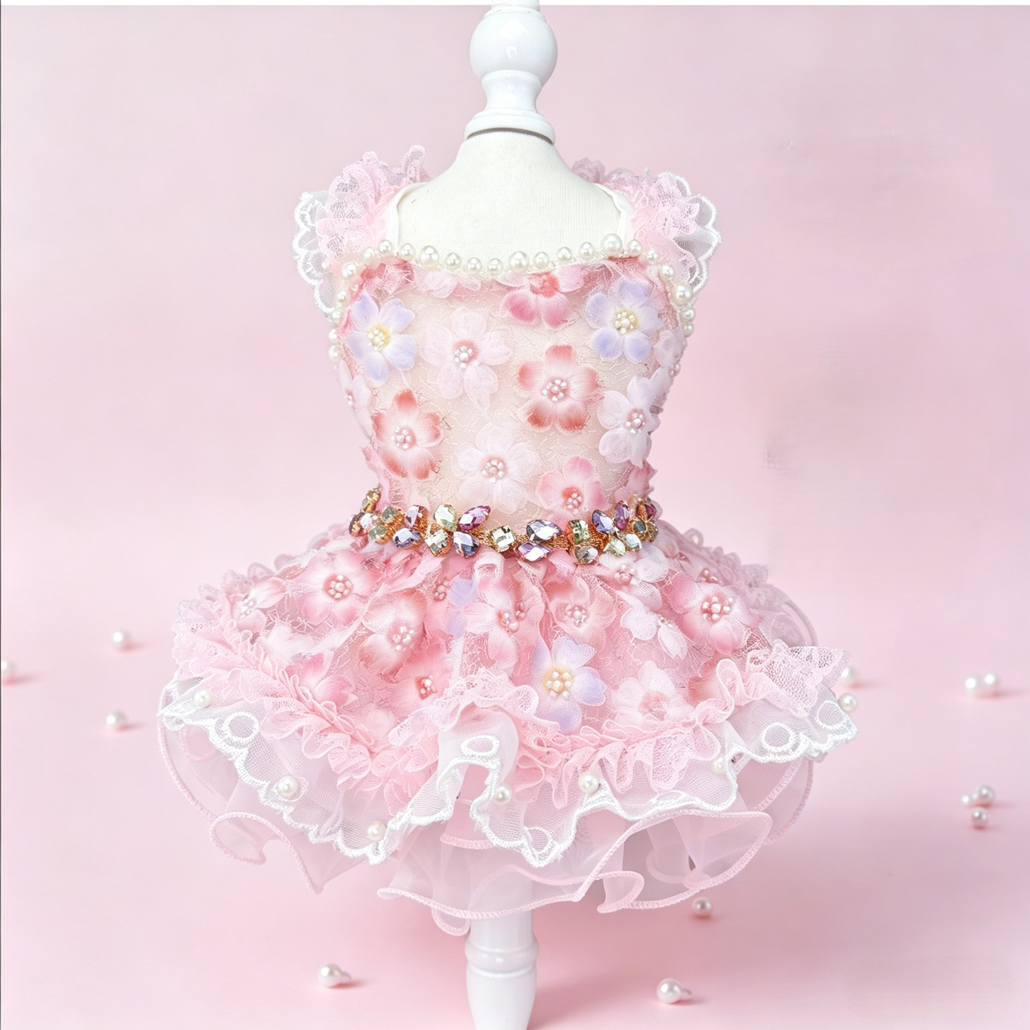 Luxury Pink Floral Dog Dress – Pearl Lace Princess Pet Dress Pink Blossom Princess