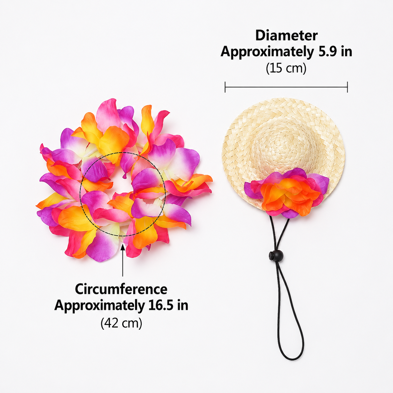 Bright tropical flower lei and straw pet hat size guide with 5.9 inch diameter