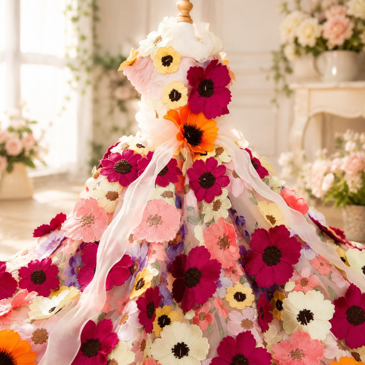 Detailed front view of floral formal pet dress with pink sheer ribbons and embroidered flowers