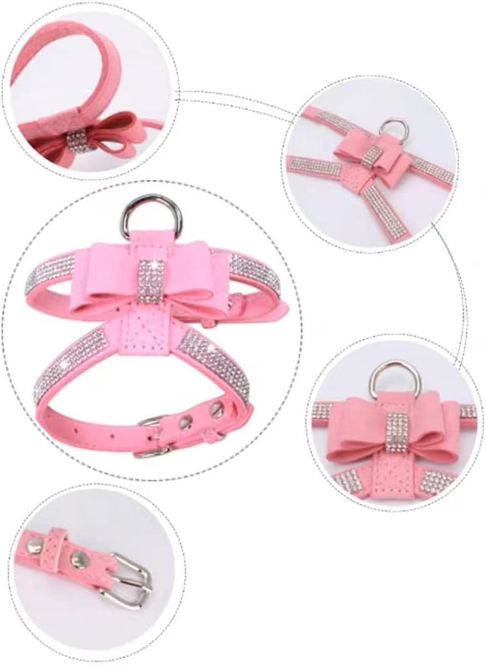 Suede Dog Harness & Leash Set – Rhinestone Bow, Soft & Elegant