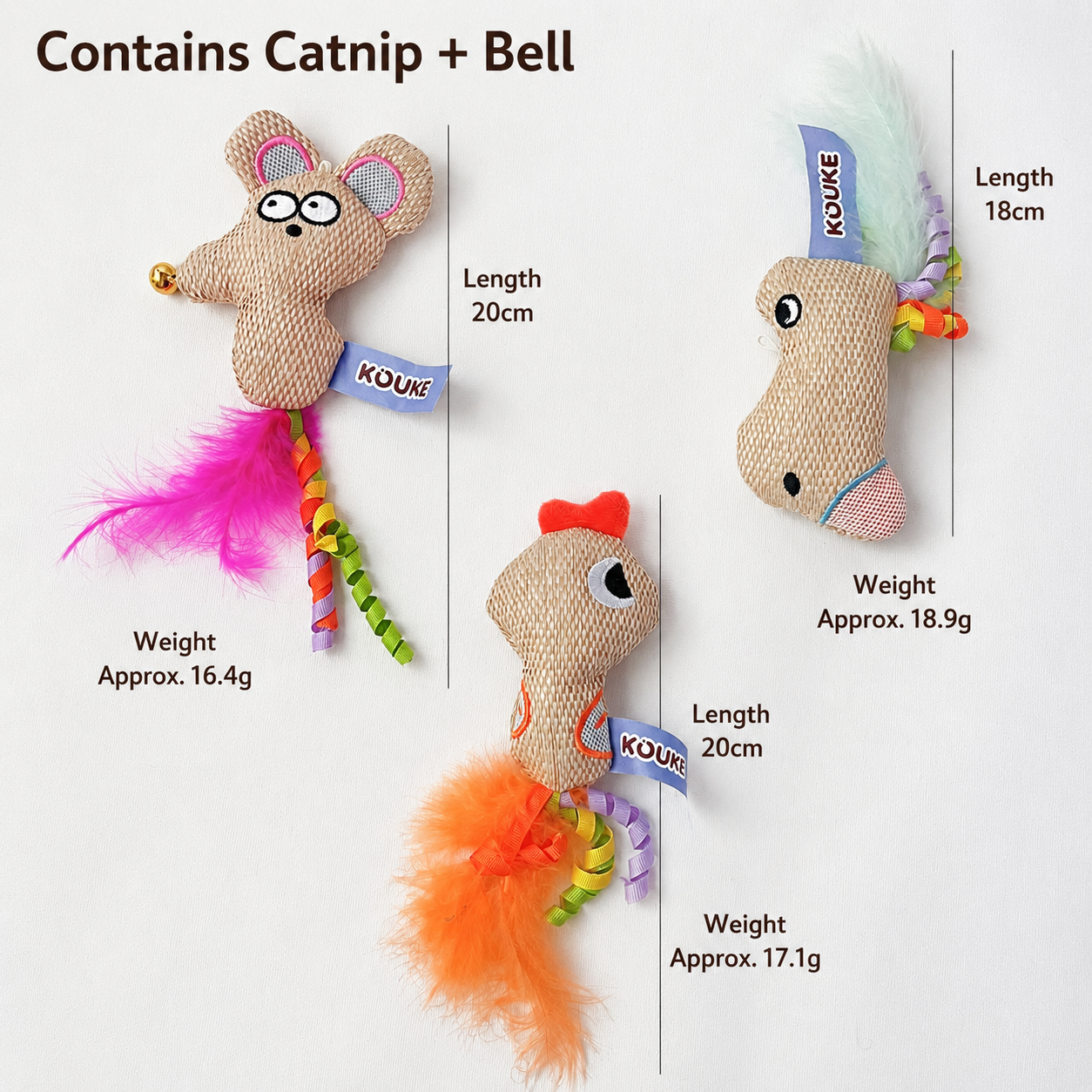 KOUKE woven catnip toys showing bell features, dimensions, and weights