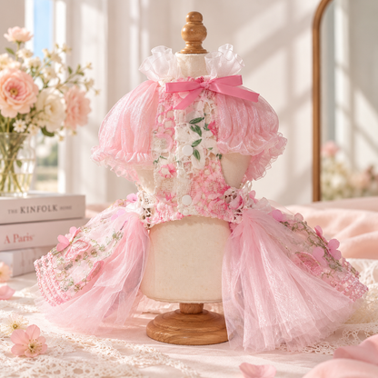 Back view of pink handmade pet dress with puff sleeves bow and button closure