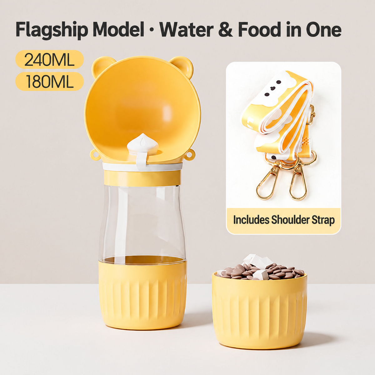 Yellow portable pet water bottle with separate food container and matching shoulder strap