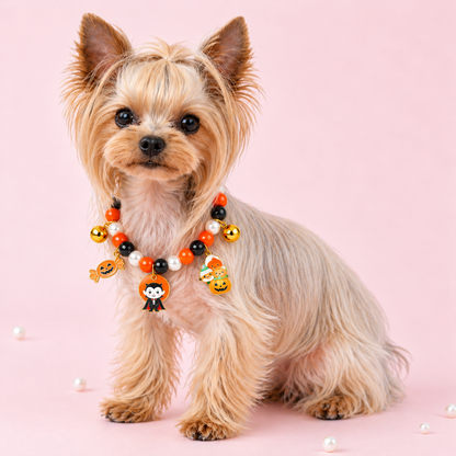 Halloween Vampire and Pumpkin Pet Bead Necklace