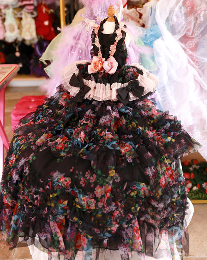 Luxury Floral Dog Dress with Ruffled Skirt & Pink Bow