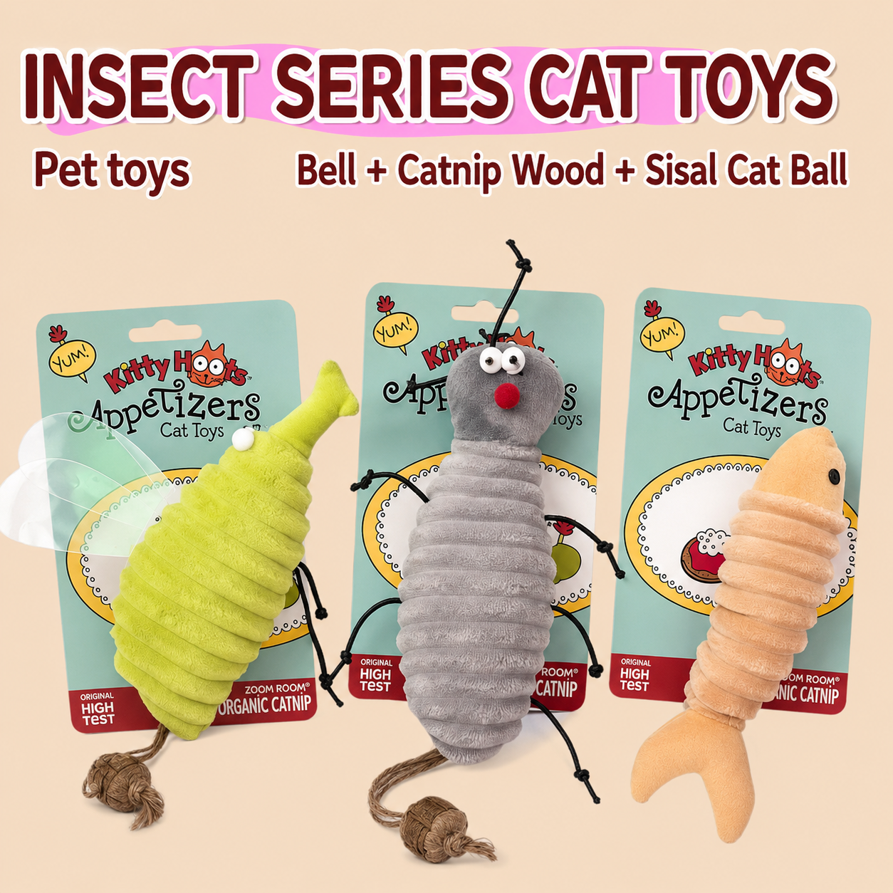 Kitty Hoots insect series catnip cat toys in lime green, gray, and peach designs