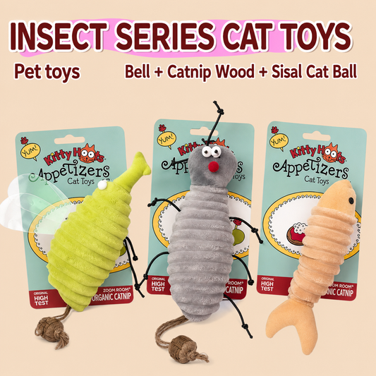 Kitty Hoots insect series catnip cat toys in lime green, gray, and peach designs