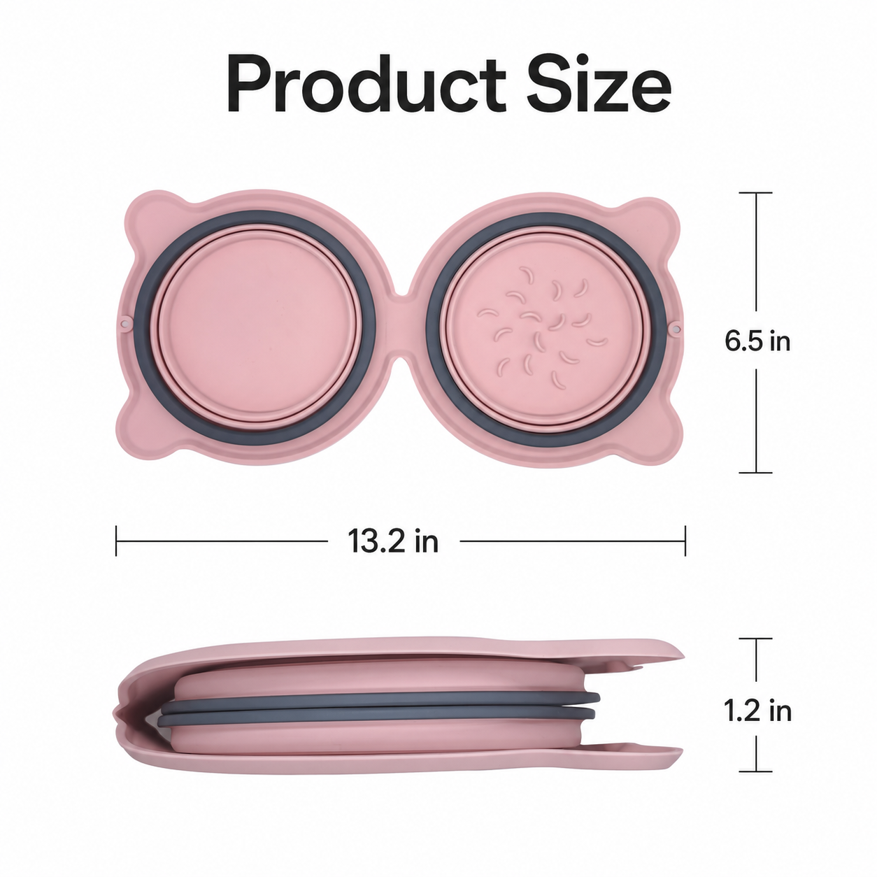 Pink collapsible travel double pet bowl size chart showing 13.2 in length 6.5 in width and 1.2 in folded thickness