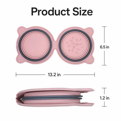 Pink collapsible travel double pet bowl size chart showing 13.2 in length 6.5 in width and 1.2 in folded thickness