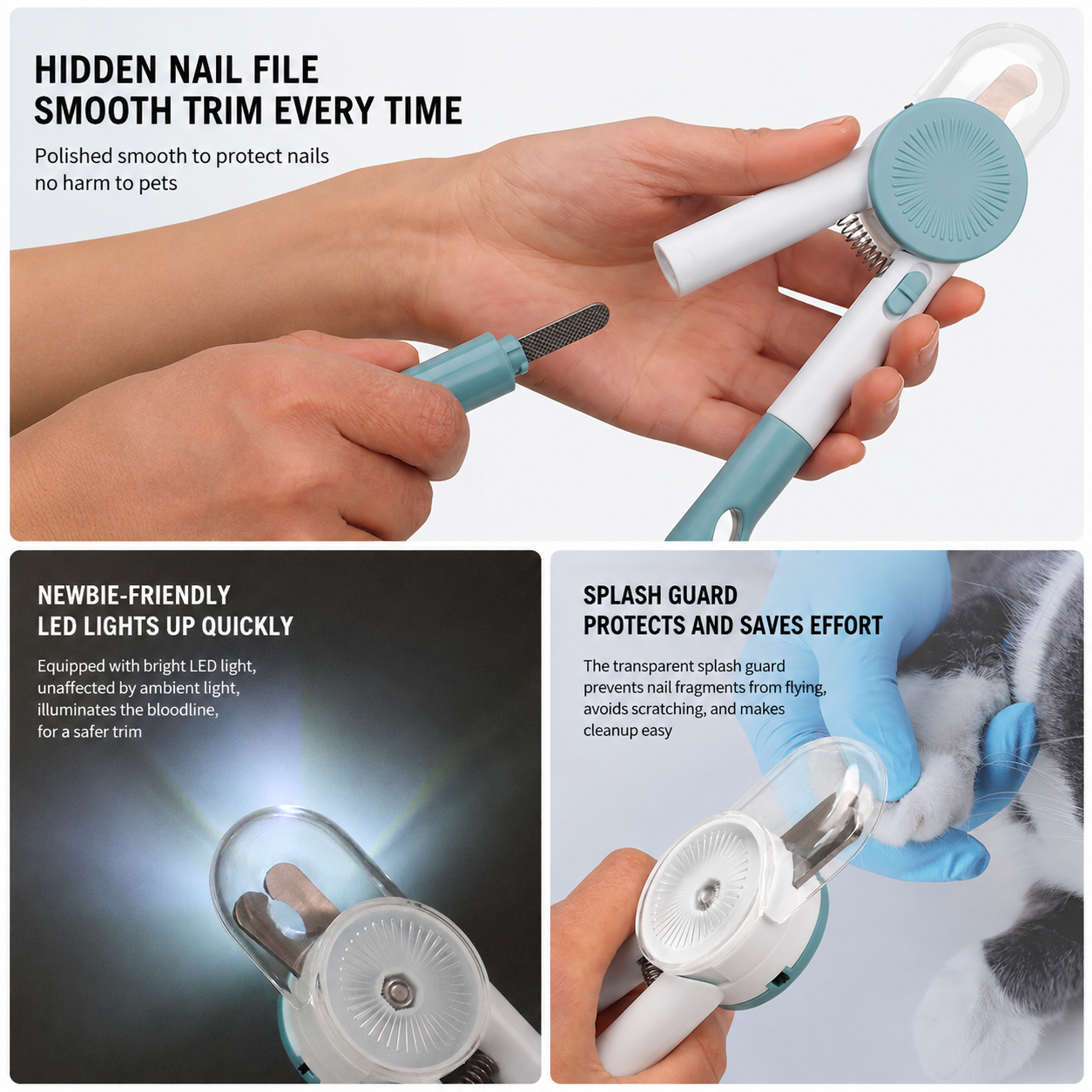 Pet nail clipper feature image showing hidden nail file, LED light, and transparent guard