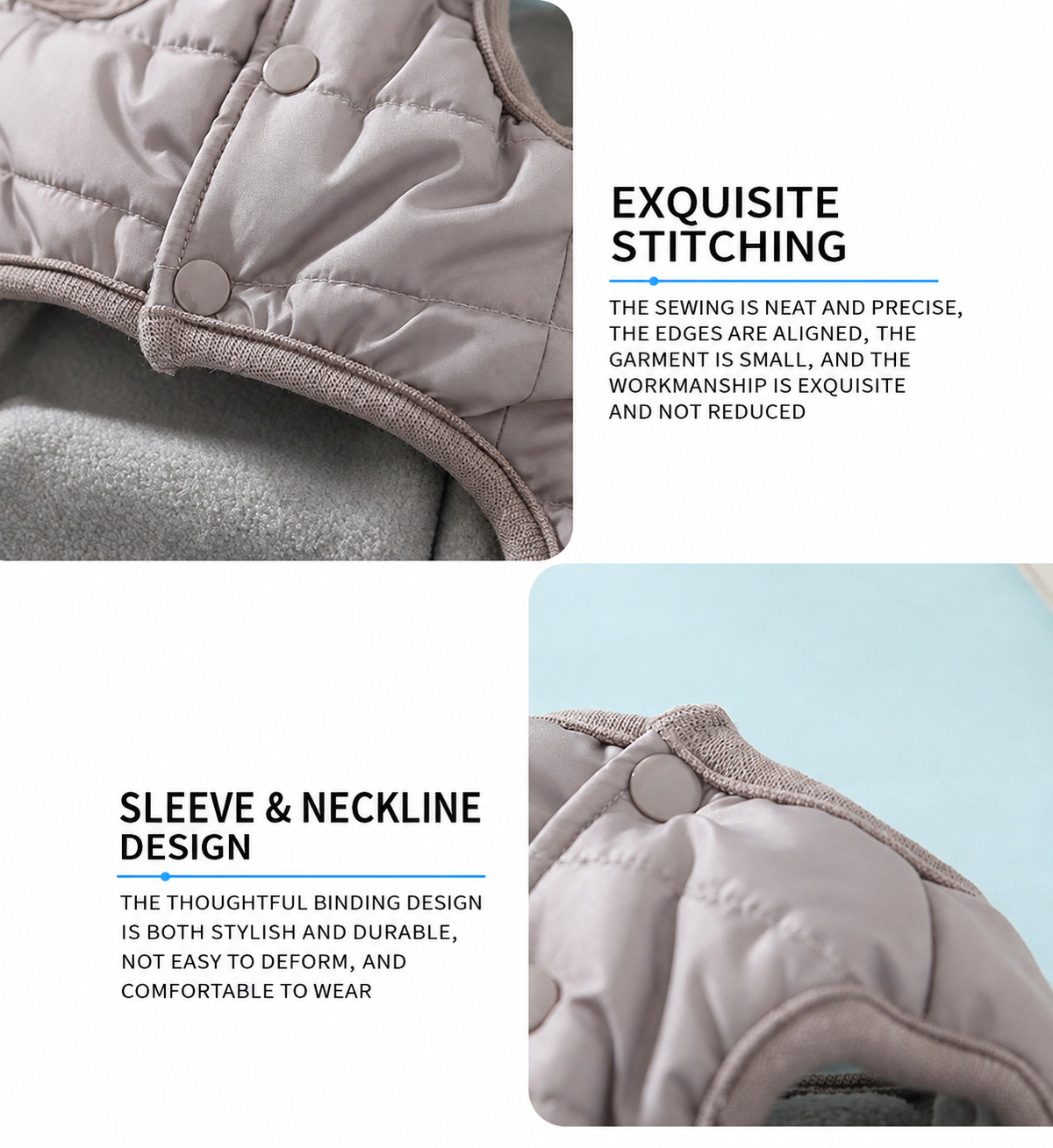 Snap neckline and bound arm opening details on cartoon dog vest