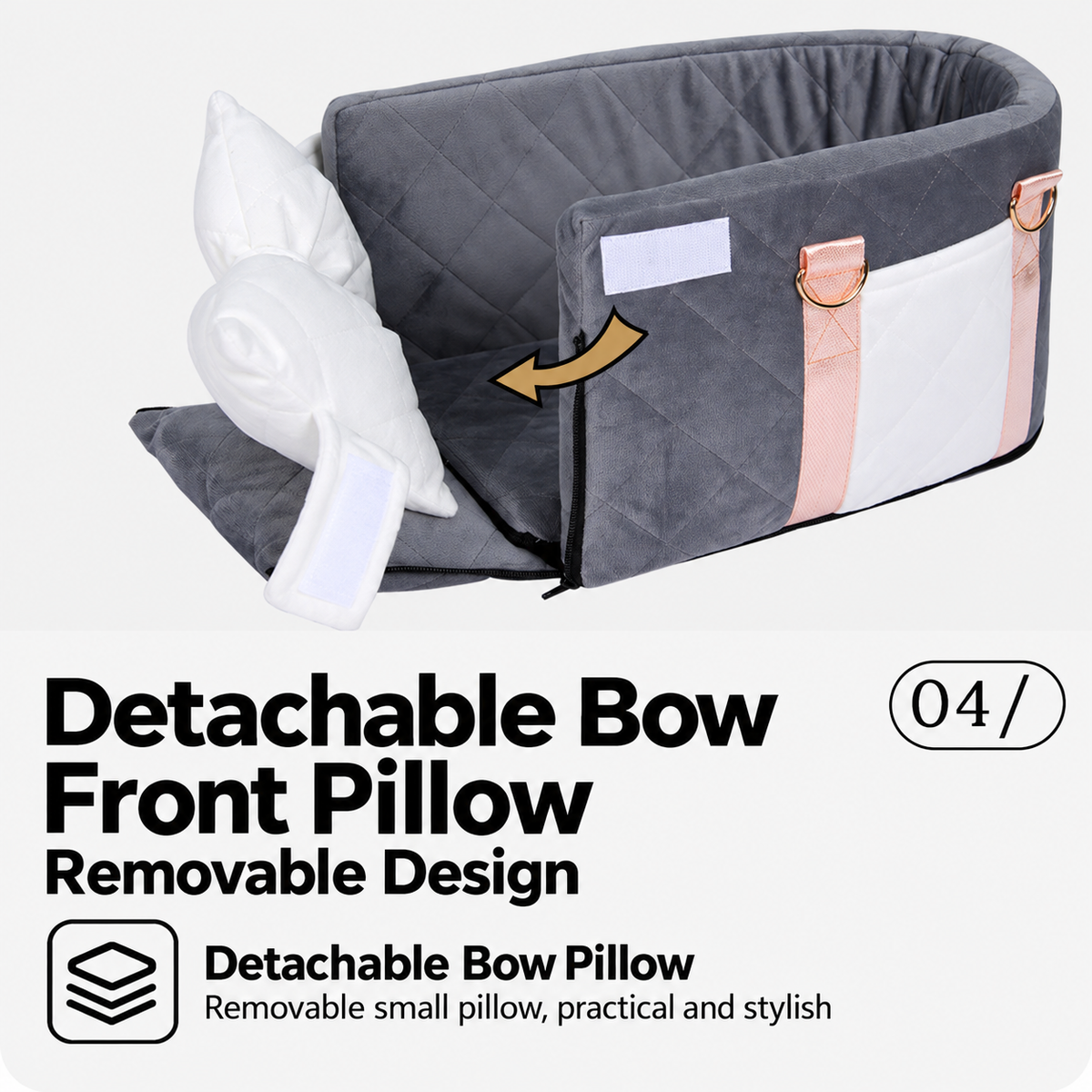Pet car seat carrier opened to show removable bow front pillow and gray quilted interior