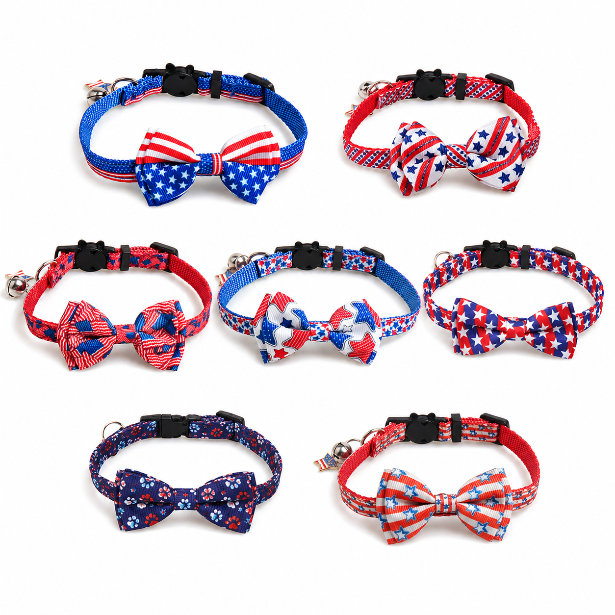 Assorted patriotic bow tie cat collars in red, white, and blue star and paw print patterns
