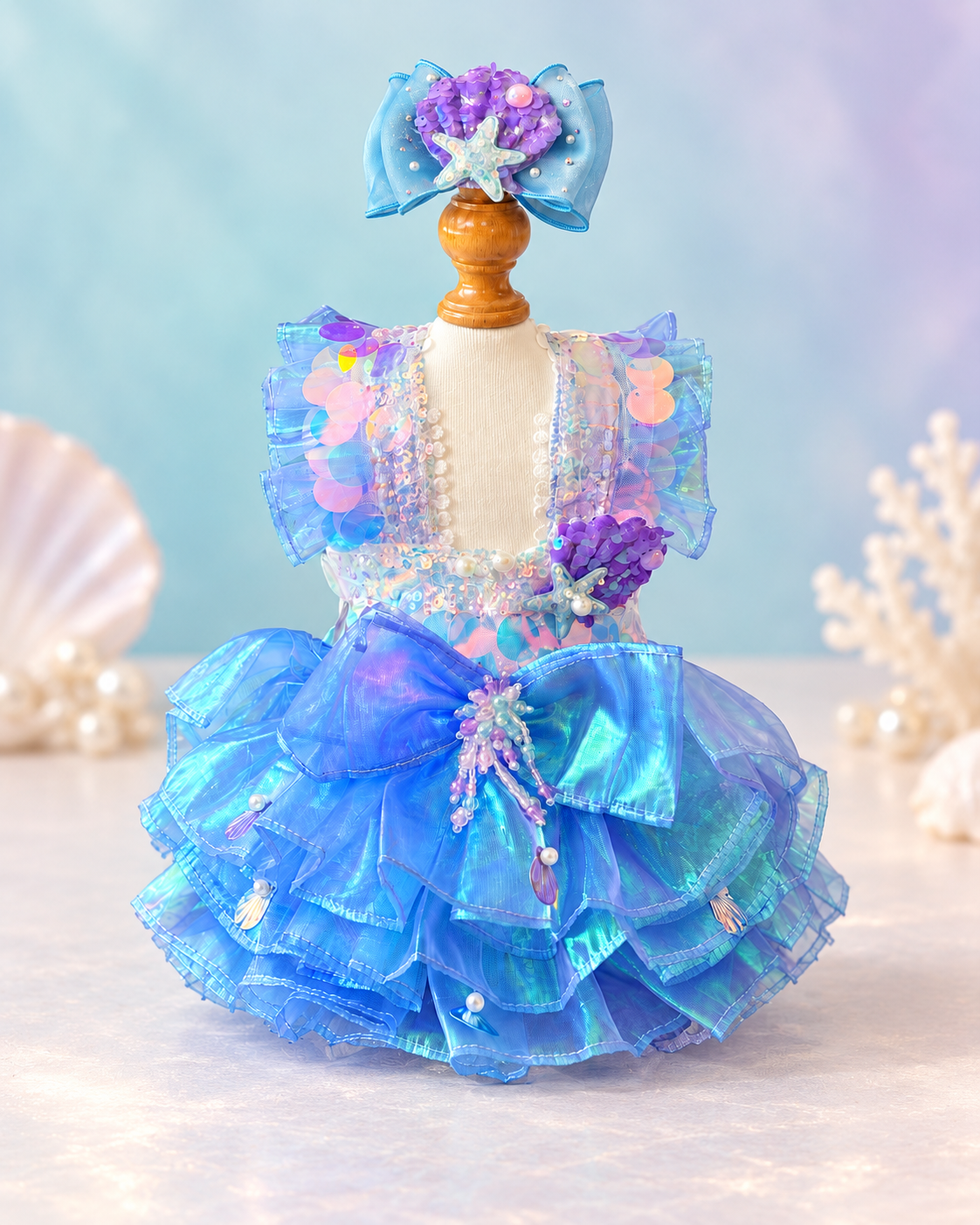 Complete mermaid pet dress and matching hair bow set on display stand