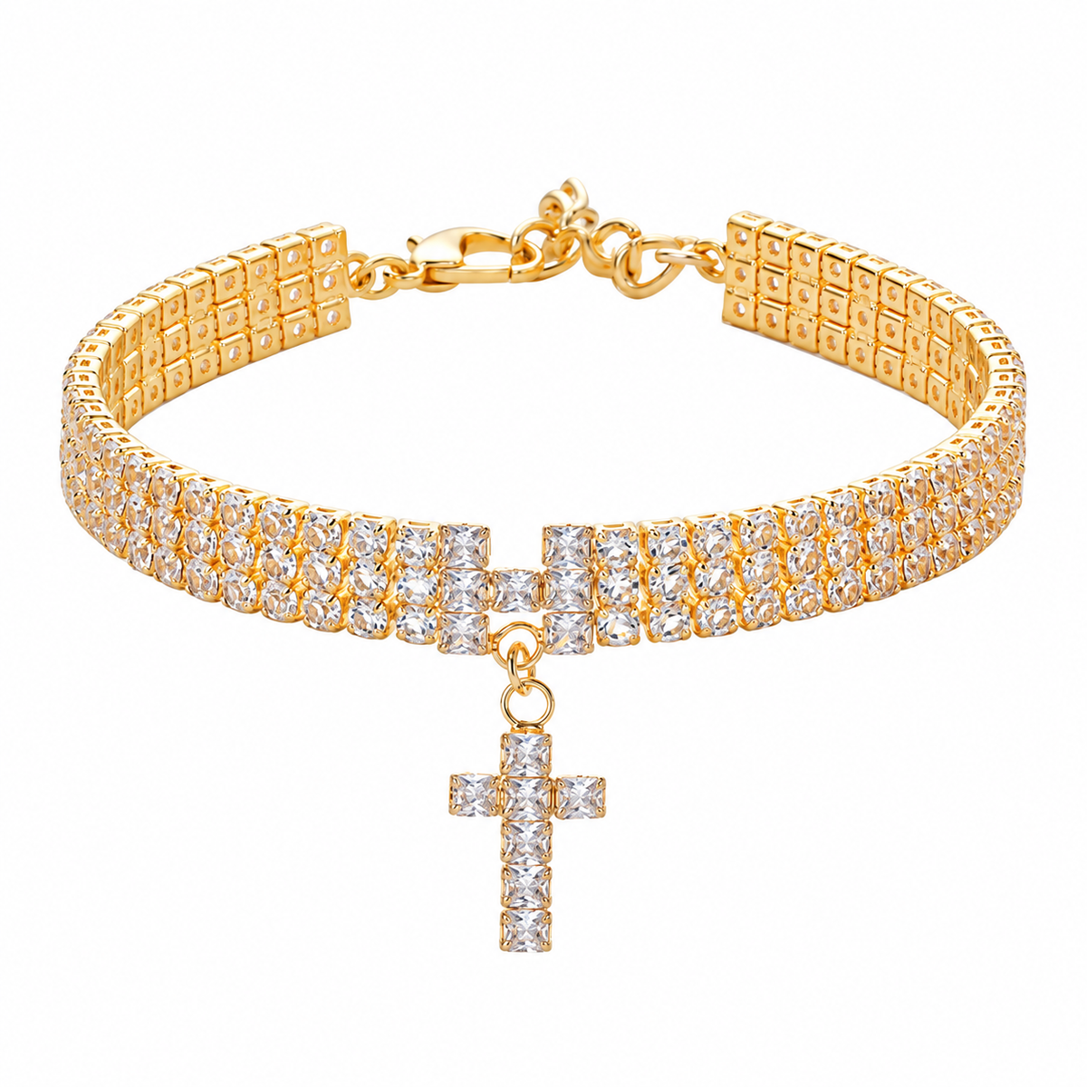 Gold-tone rhinestone pet necklace with double rows and cross pendant on white