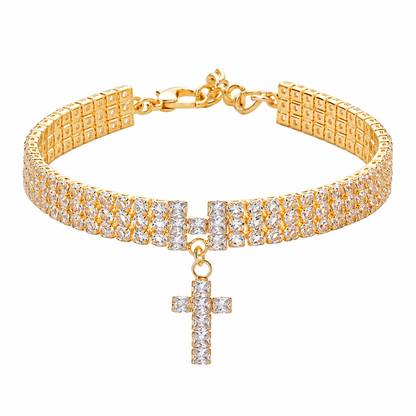 Gold-tone rhinestone pet necklace with double rows and cross pendant on white