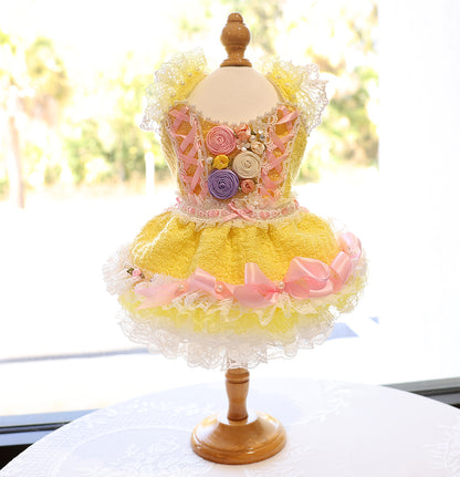 Yellow Princess Tweed Dog Dress – Luxury Lace Boutique Outfit for Small Dogs