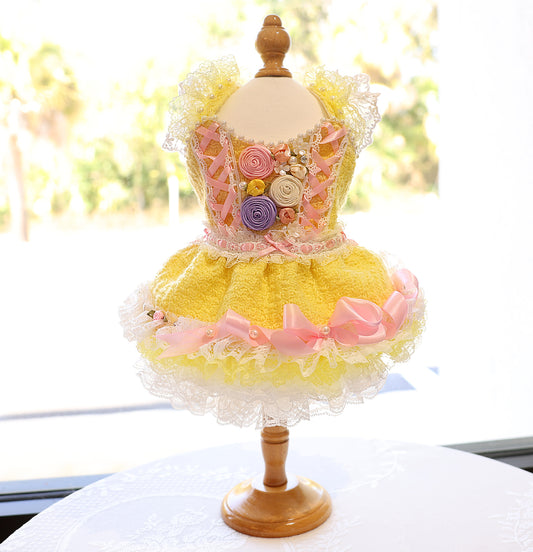 Yellow Princess Tweed Dog Dress – Luxury Lace Boutique Outfit for Small Dogs