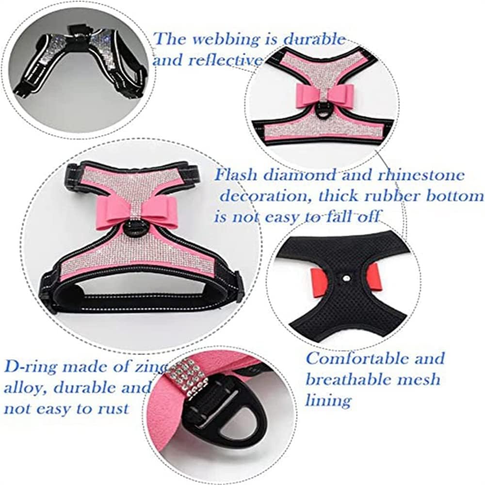 Dog Harness+Leash Sets with Rhinestones – Sparkly Bowknot & Reflective Trim