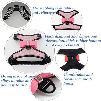 Dog Harness+Leash Sets with Rhinestones – Sparkly Bowknot & Reflective Trim
