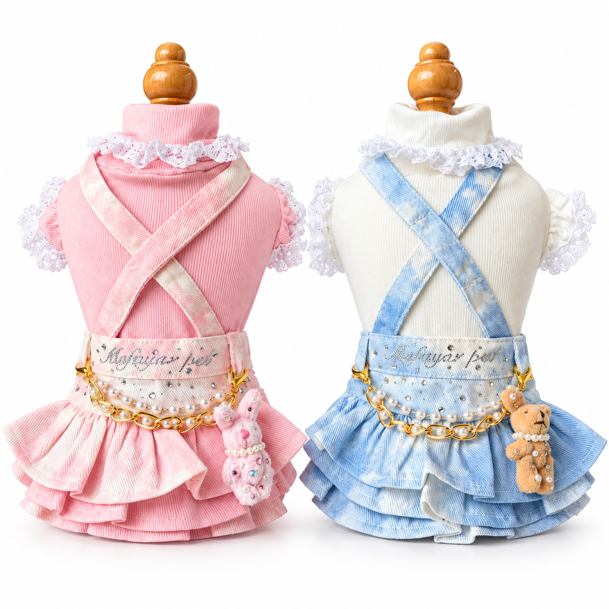 Pink and blue tie-dye denim pet skirts with layered ruffles pearl-look chains and charms