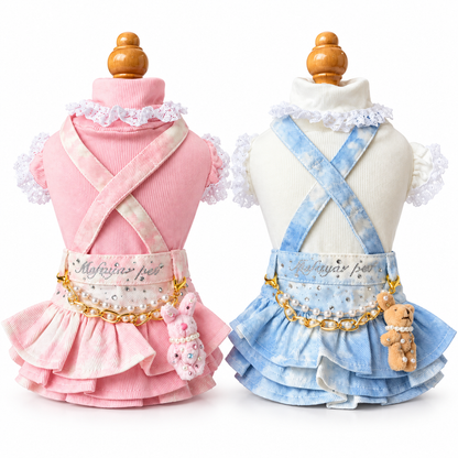 Pink and blue tie-dye denim pet skirts with layered ruffles pearl-look chains and charms