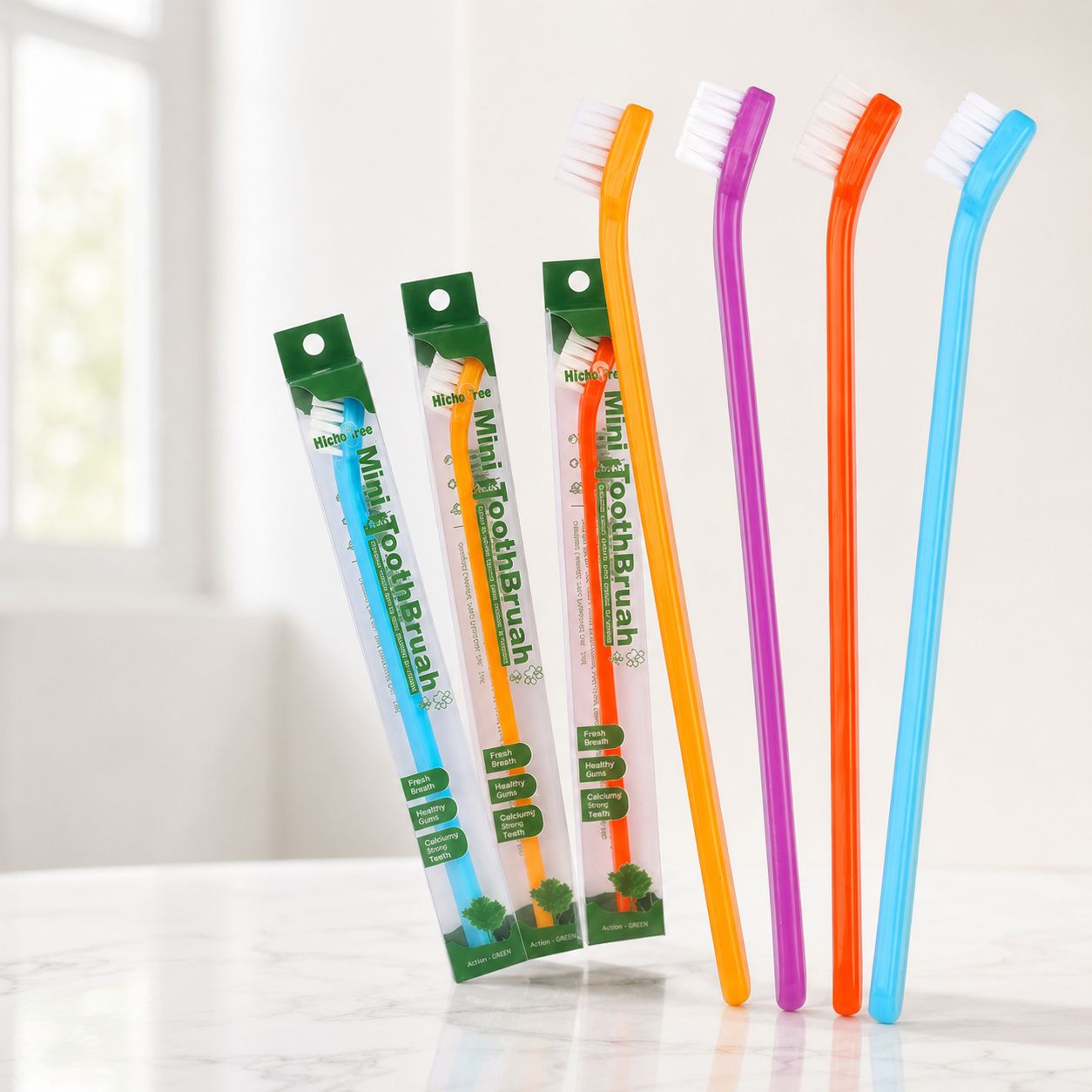 Assorted mini pet toothbrush colors with packaged toothbrushes