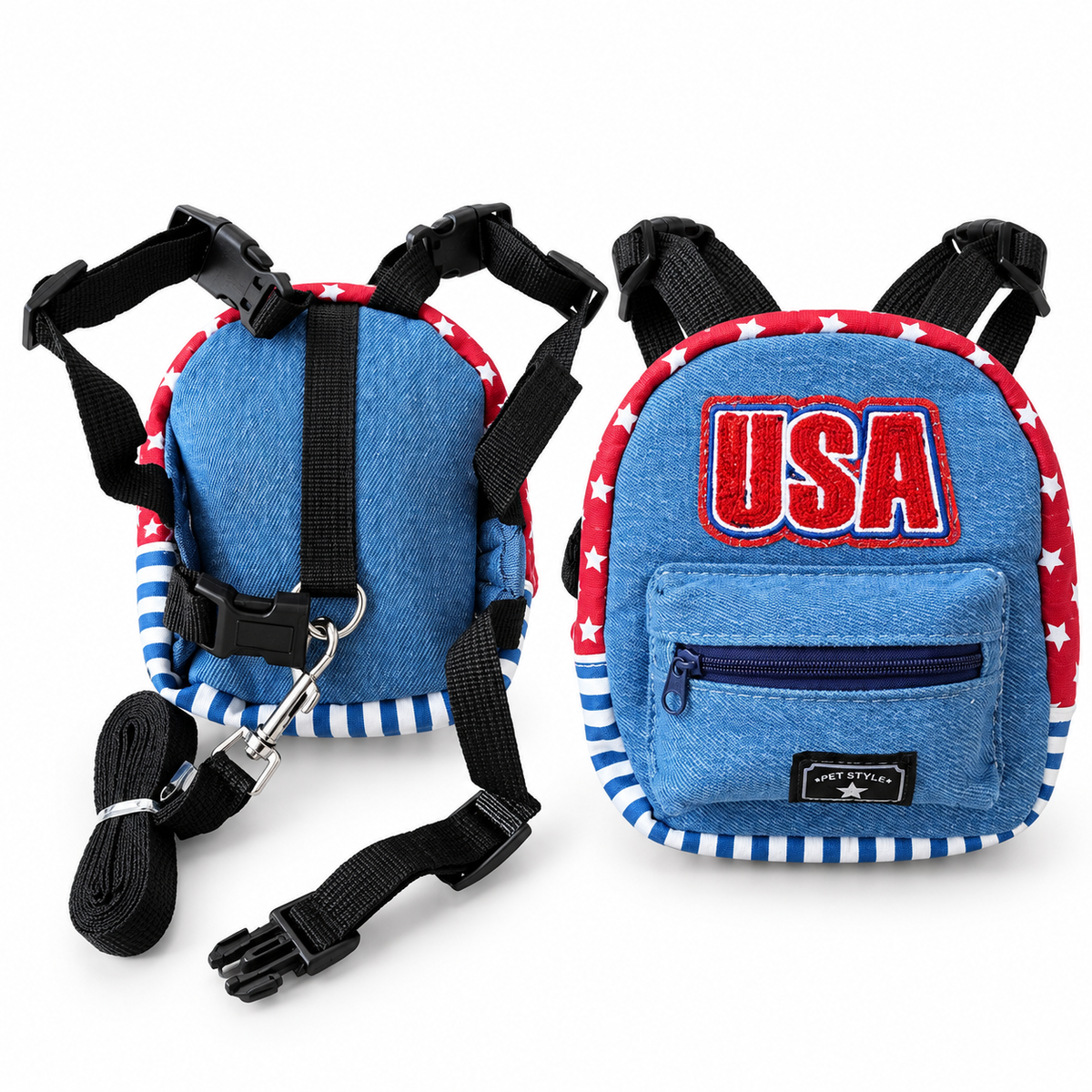 Blue denim USA dog backpack harness shown front and back with included black leash