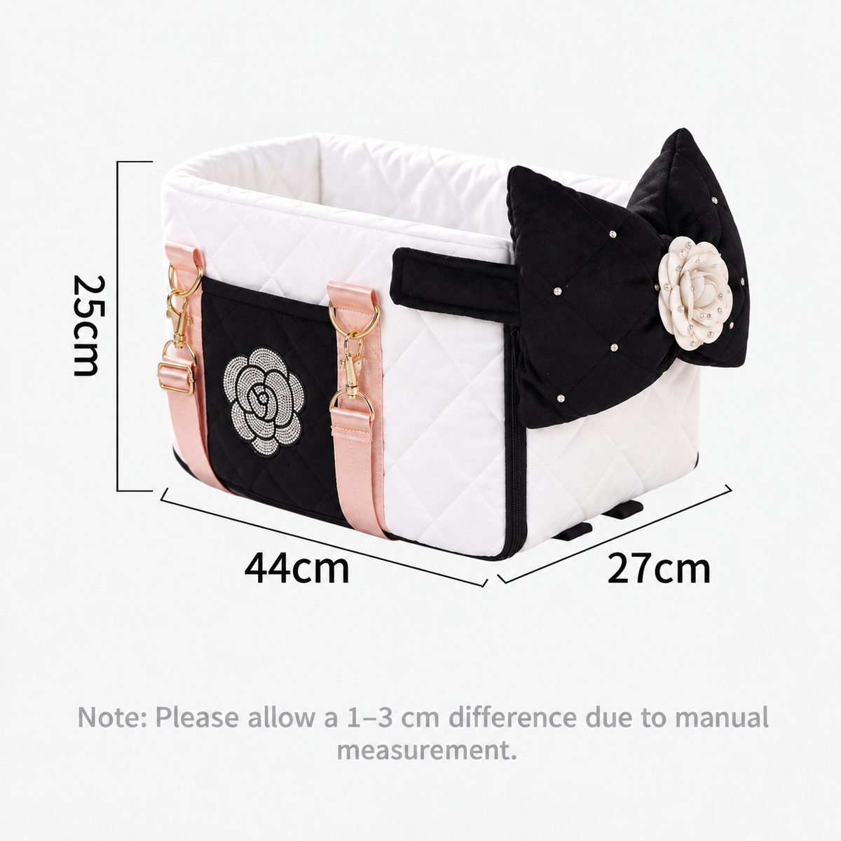White black and pink bow pet car seat backpack carrier measuring 44 by 27 by 25 centimeters