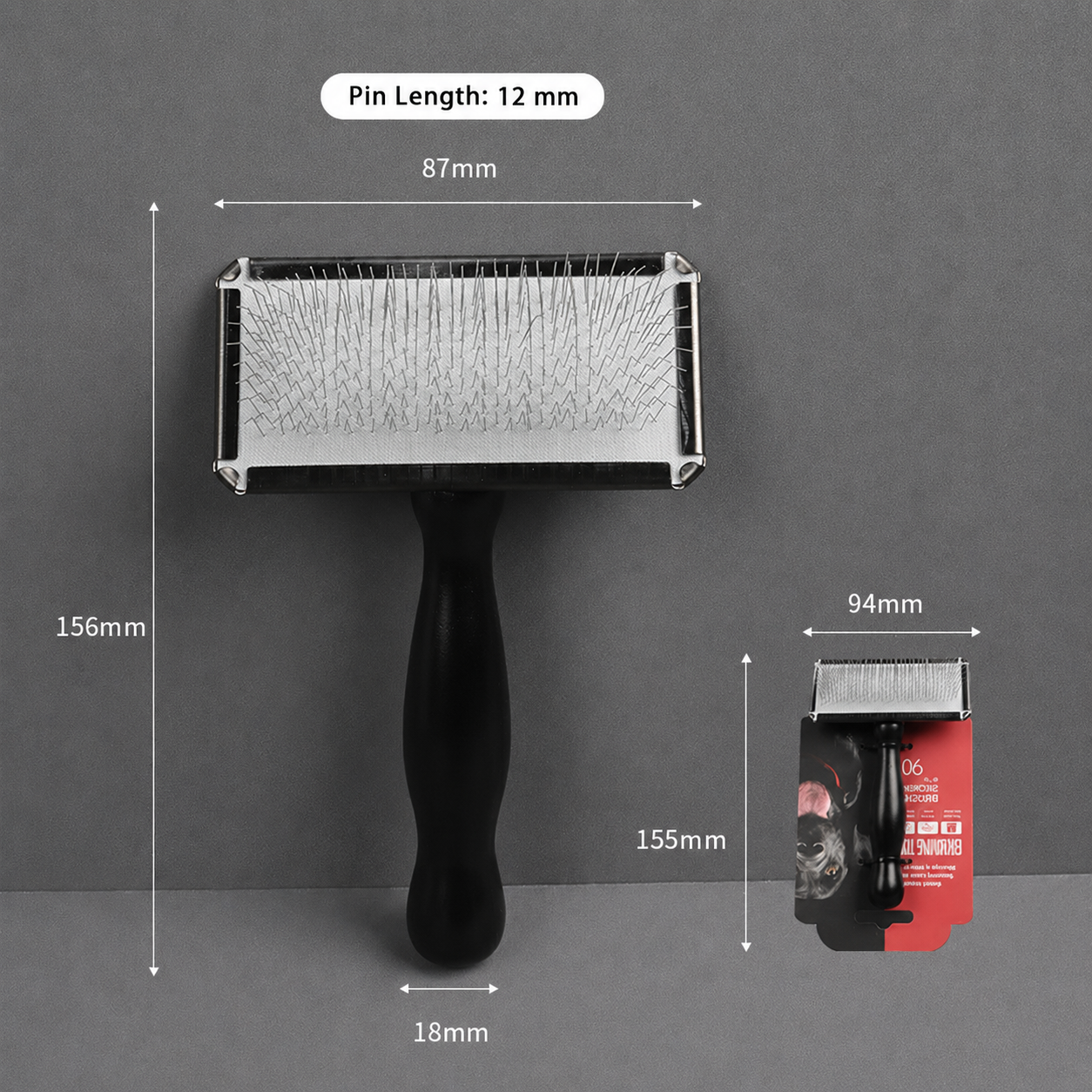 S black pet slicker brush size chart with 87 mm head width and 12 mm pin length