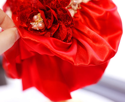Handmade Luxury Red Sequin Dog Dress – Elegant Pet Party Dress with Pearl Lace