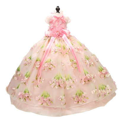 Pet Dress Pink Floral Tulle Gown with Bow