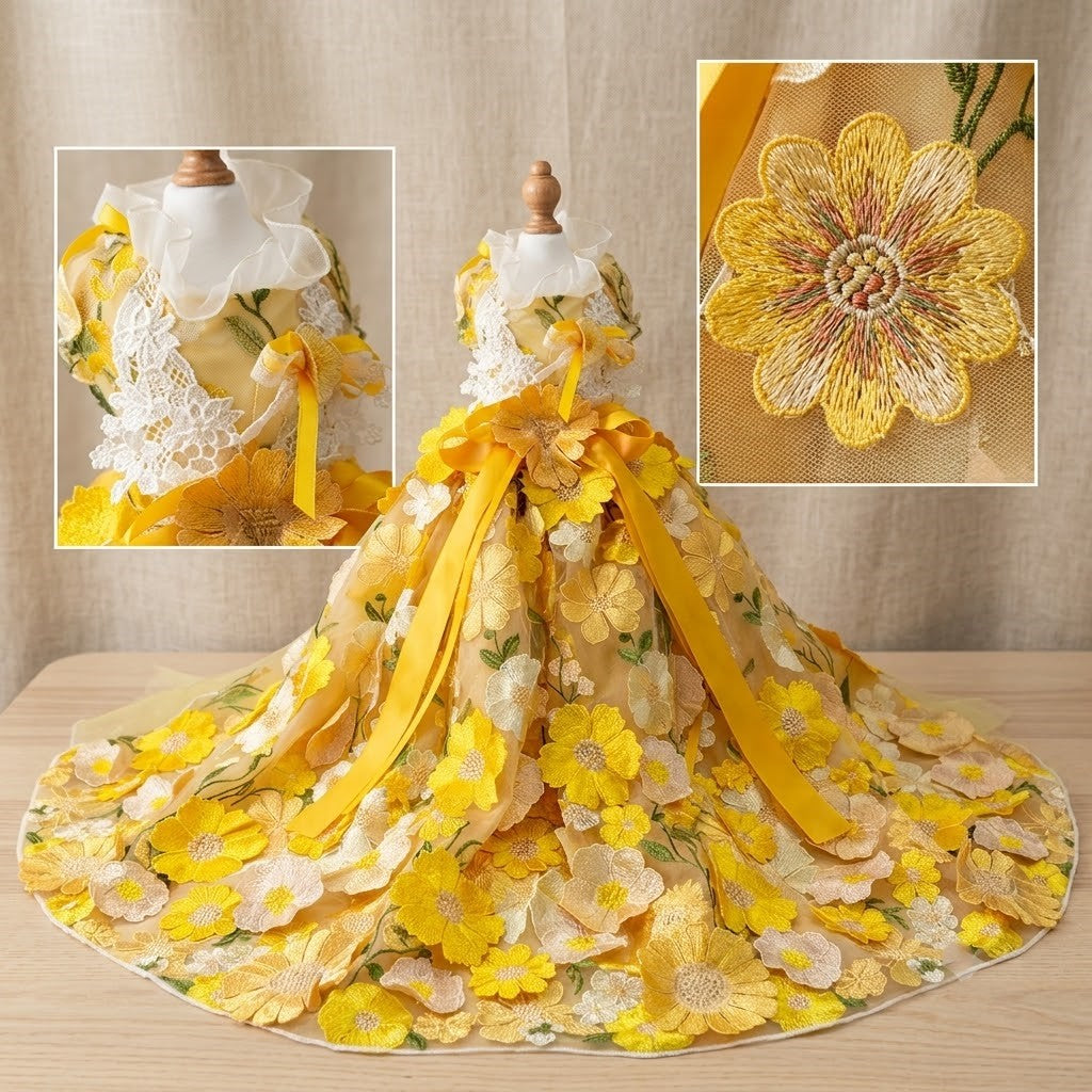 Yellow floral pet gown with detachable long train and close-up flower embroidery