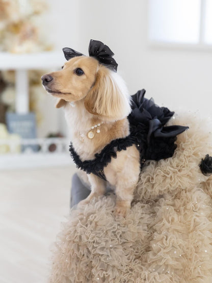 Luxury Black & Champagne Dog Gown with Detachable Train boutique pet outfit detail photo 3