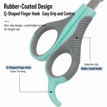 Close up of mint and gray pet nail clipper showing rubber coated handle and finger hook