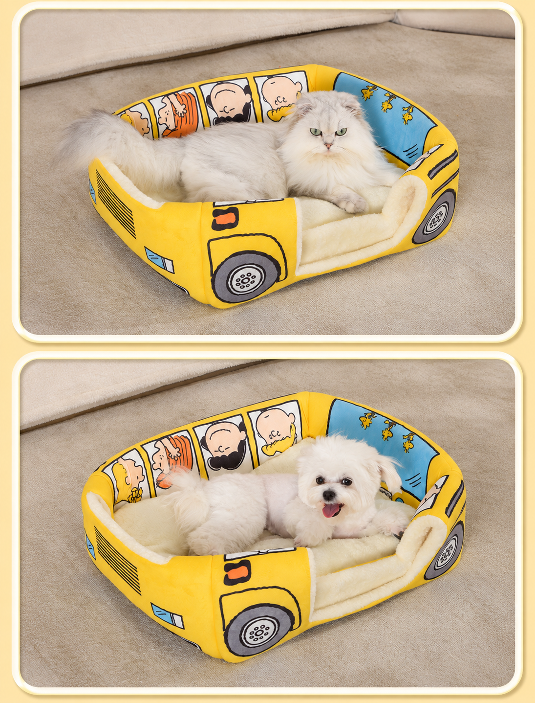 White cat and small dog lying in the open yellow cartoon bus pet bed