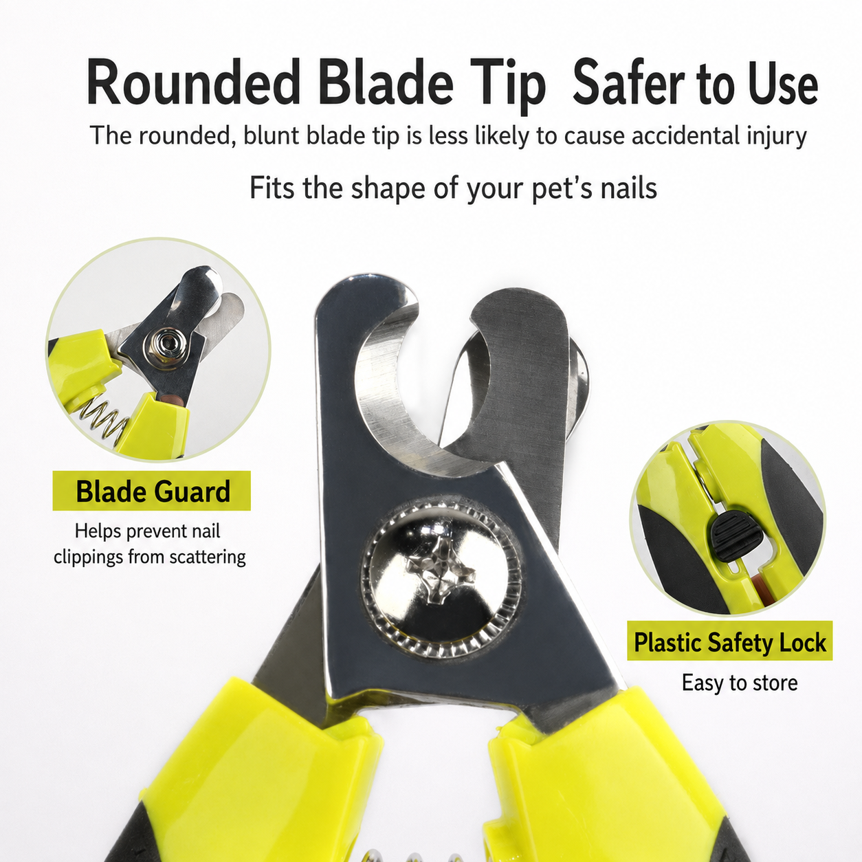 Pet nail clippers showing rounded blade tip guard and safety lock