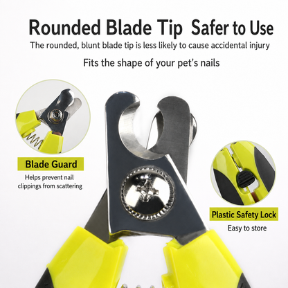 Pet nail clippers showing rounded blade tip guard and safety lock