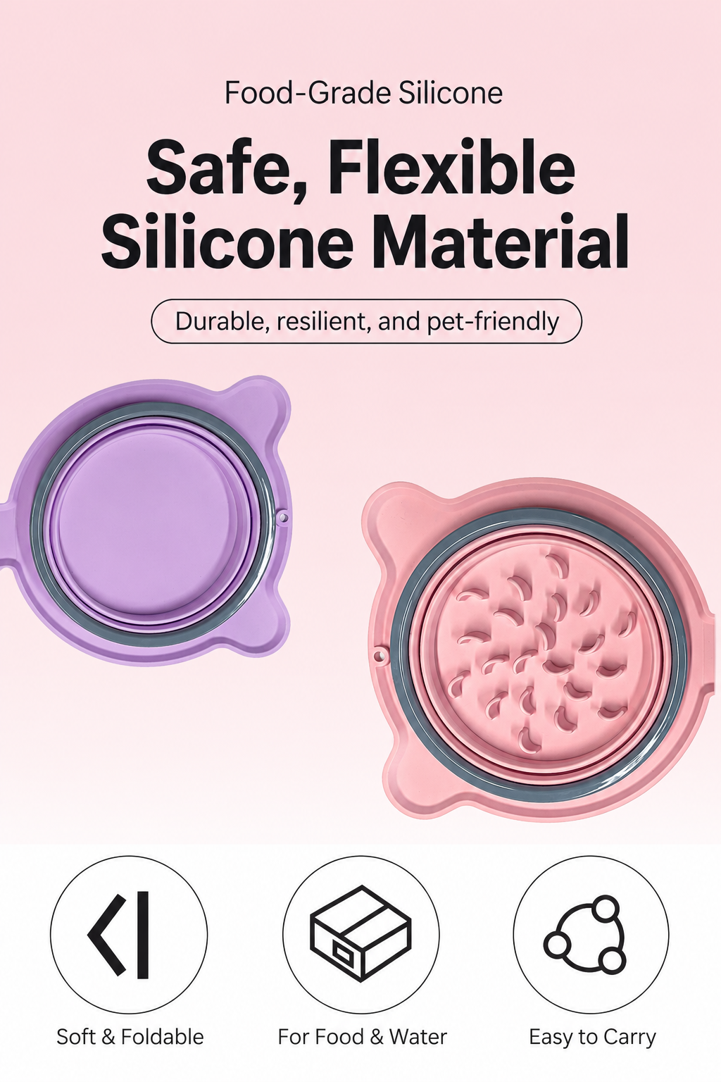 Pink and purple food grade silicone collapsible pet bowls for food and water