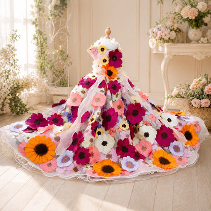 Luxury floral pet dress on mannequin with full skirt and multicolor embroidered flowers
