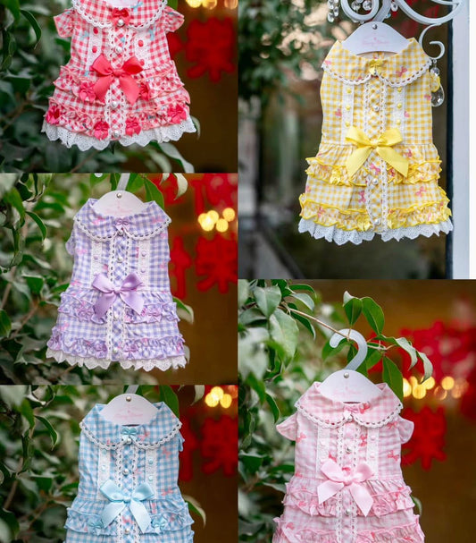 Gingham Dog Dress with Bows & Lace Trim