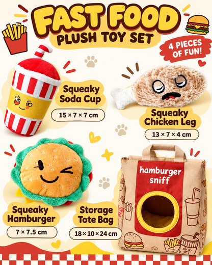 Four-piece fast food squeaky dog toy set with dimensions for each piece