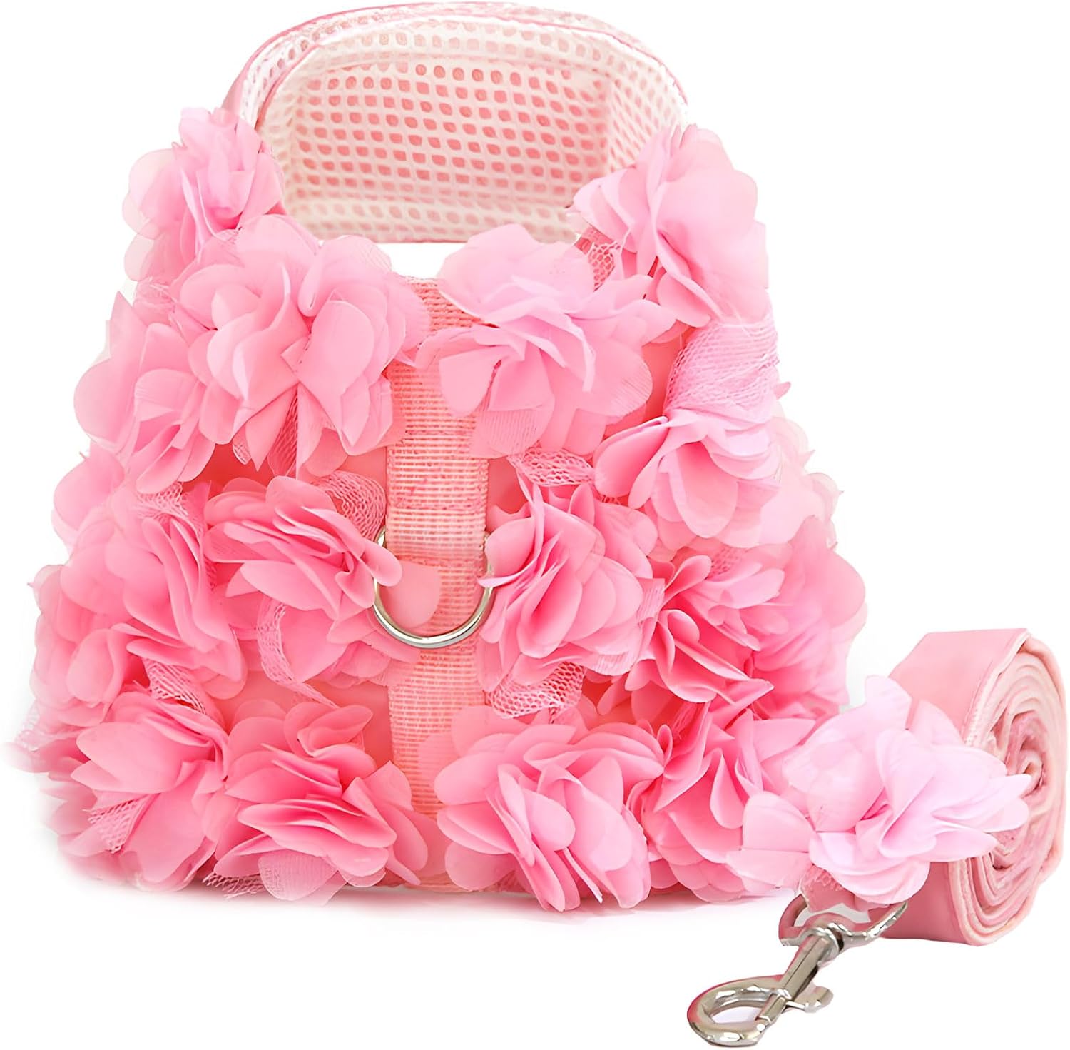 Pink flower puppy harness vest set