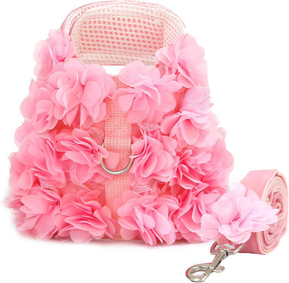 Pink flower puppy harness vest set